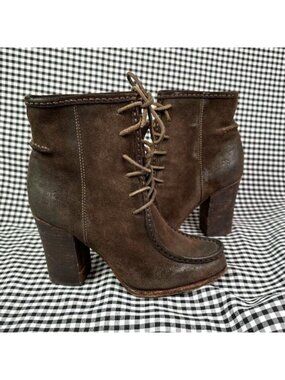 FRYE Parker Moc Toe Boots Women 7.5 Brown Suede Leather Lace Up Heel Autumn